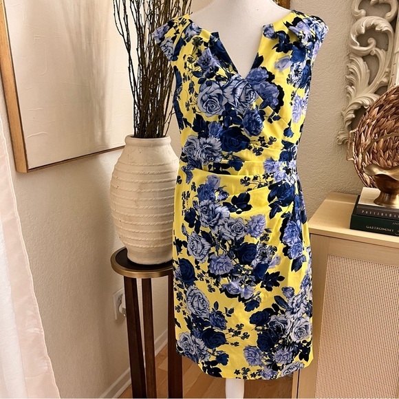 ADRIANNA PAPPEL Yellow Blue Floral Midi Cocktail Dress Size 8‎ - Picture 1 of 9